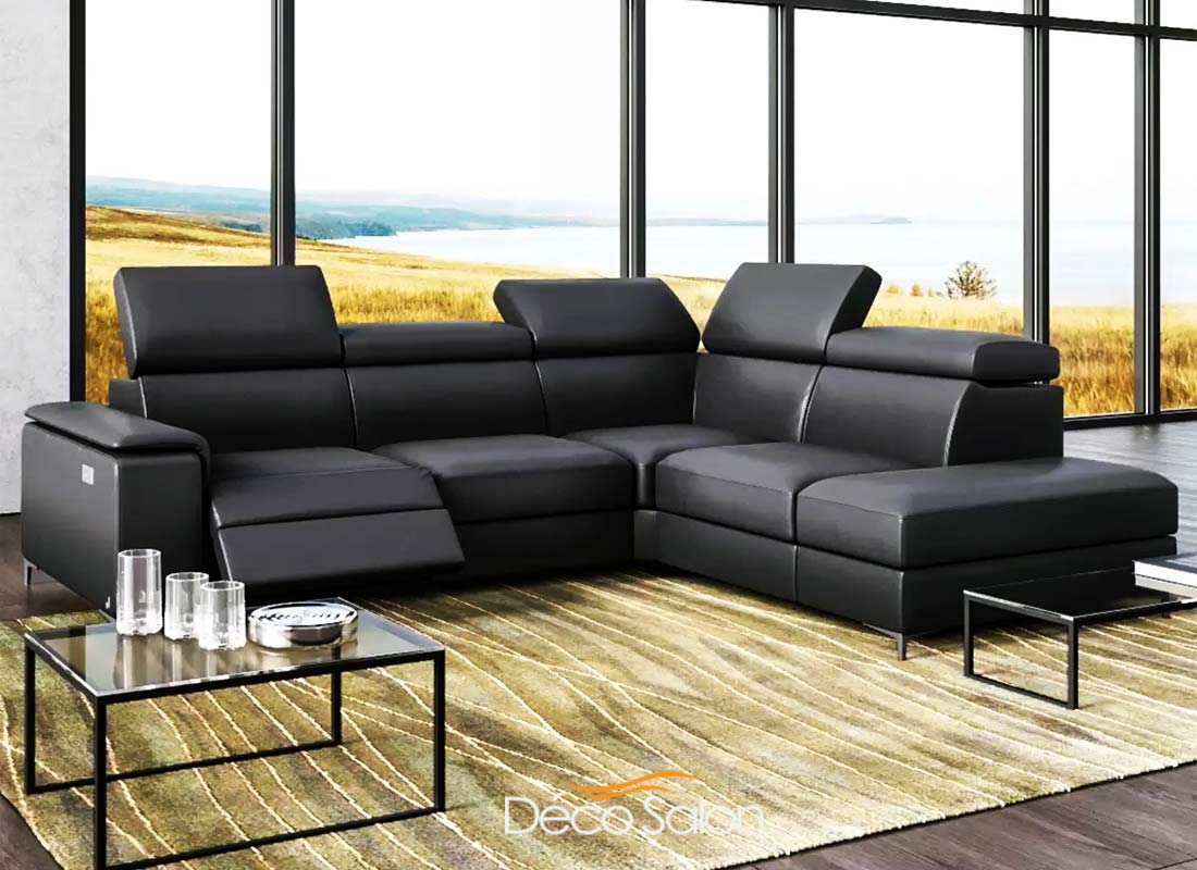 canapé moderne d'angle en cuir noir.