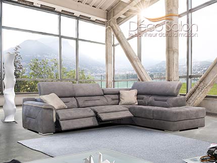 Canapé d'angle contemporain en tissu gris avec relax.