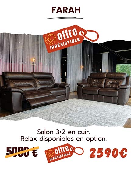 Salon 3+2 en cuir brun avec 2 relax électriques.