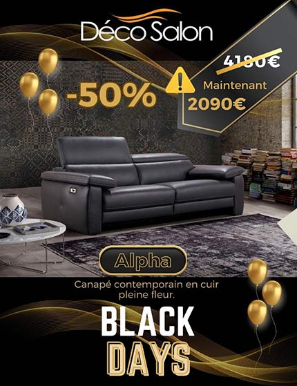 Canapé 3 places contemporain en cuir noir avec relax.