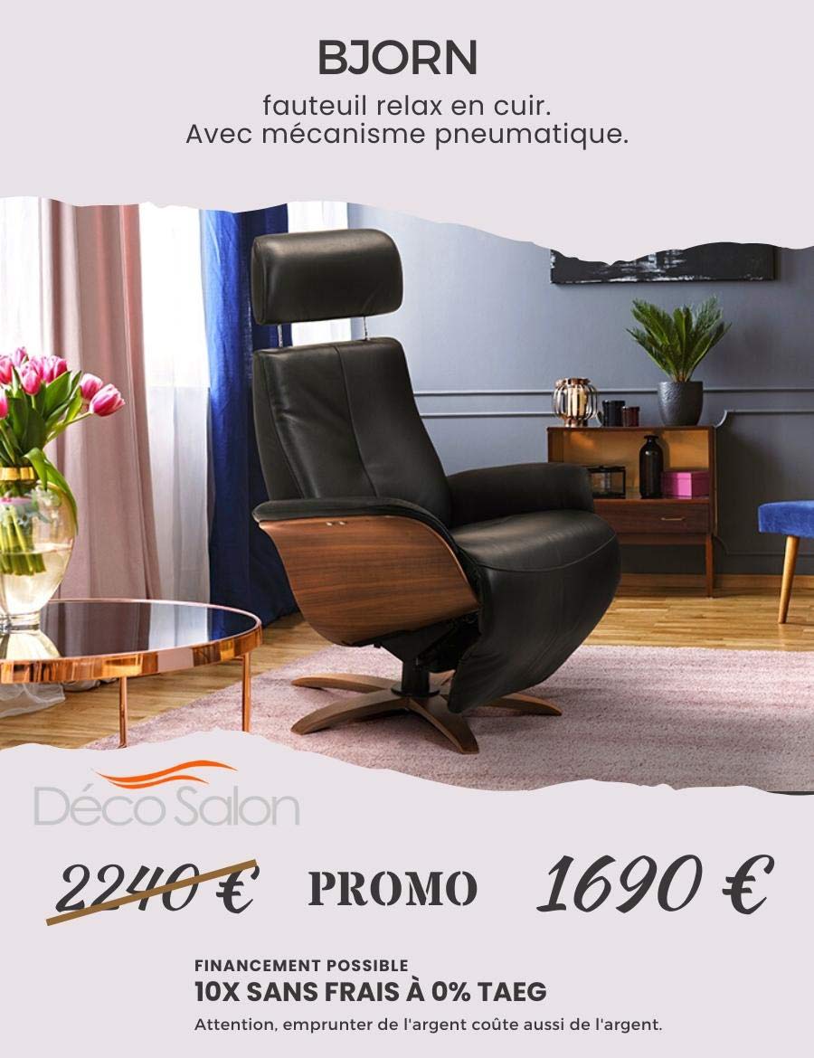 Magnifique fauteuil relax pivotant scandinave en cuir noir et côté en bois