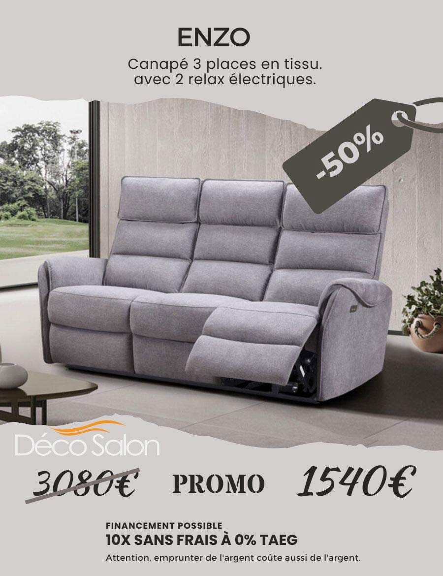 Canapé 3 places en tissu gris avec relax élecrique en promo chez Décosalon .