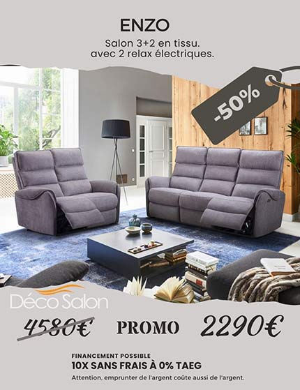 Canapé 3 places et canapé 2 places en tissu gris avec relax élecrique en promo chez Décosalon .