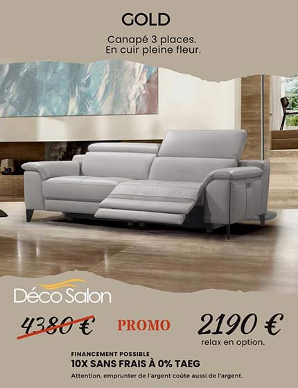 Canapé contemporain en cuir beige avec 2 relax électriques.