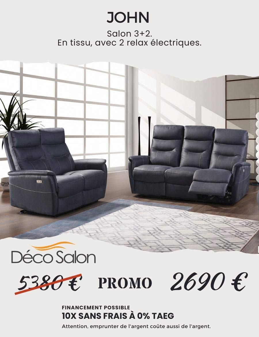 Salon 3+2 en tissu gris avec relax élecrique en promo chez Décosalon .